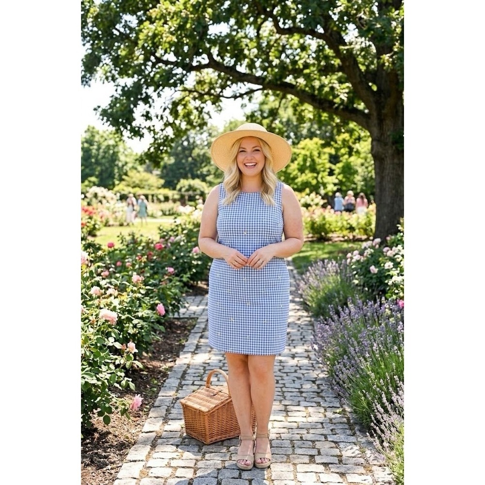 Talbots Petite 16P Blue White Gingham Lemon Embroidered Shift Dress Cutout Back